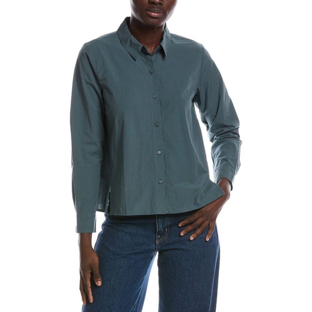 Eileen Fisher Womens Petite Classic Collar Shirt, Blue
